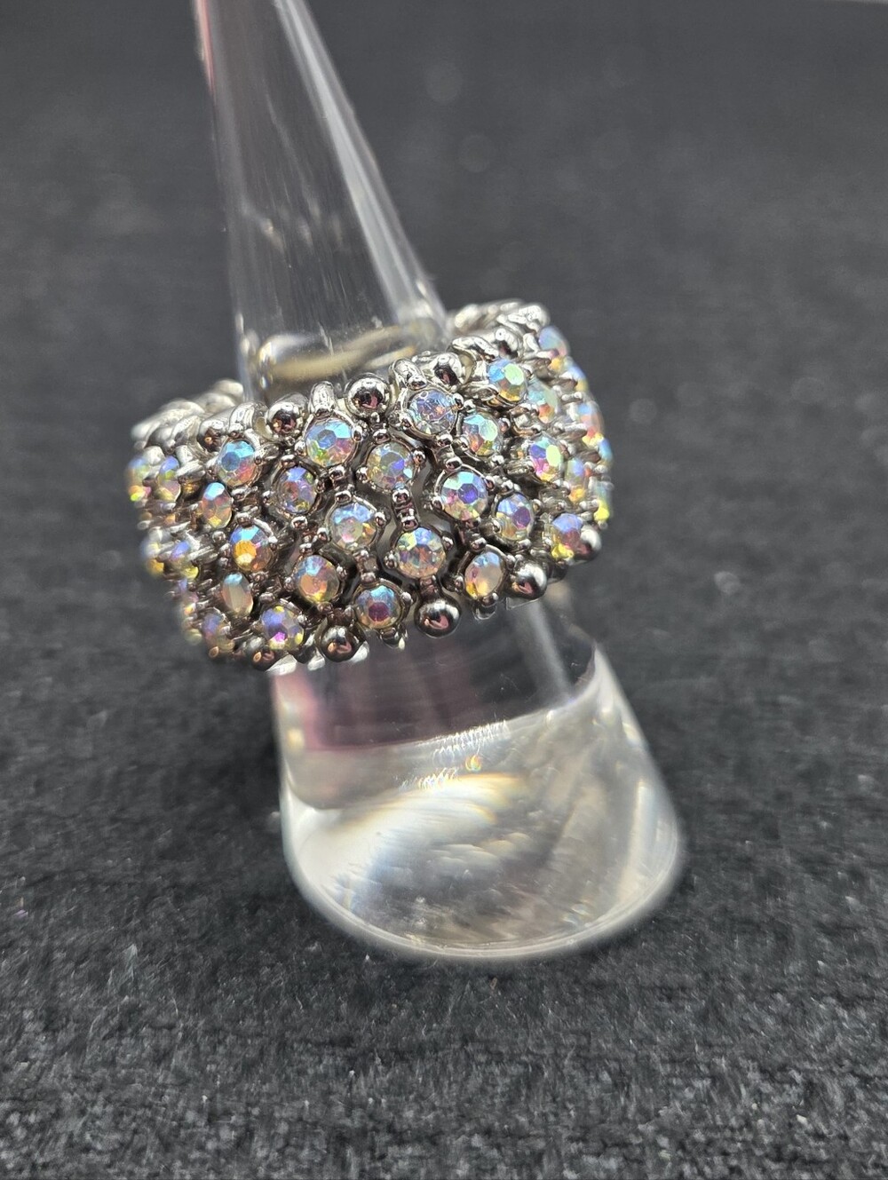 1403. Iridescent Crystal Stretch Ring in Silver Tone